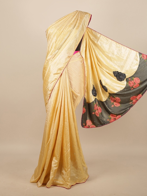

Pothys Cream-Coloured & Black Embellished Beads and Stones Art Silk Saree