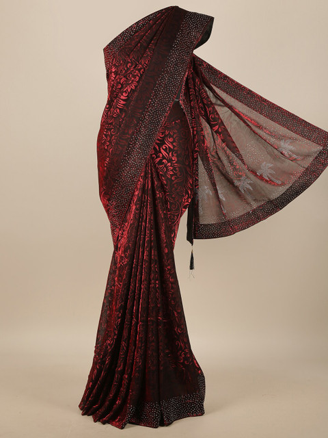

Pothys Maroon & Black Floral Beads and Stones Jute Cotton Saree