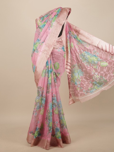 

Pothys Pink & Green Floral Jute Silk Saree