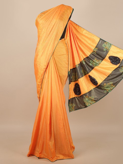 

Pothys Orange & Green Embellished Beads and Stones Art Silk Saree