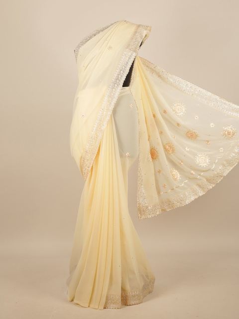 

Pothys Cream-Coloured & Silver-Toned Floral Beads and Stones Saree