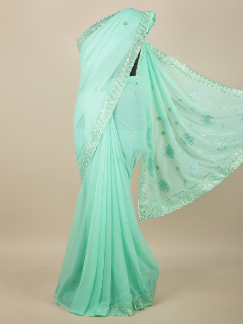 

Pothys Green & Silver-Toned Floral Beads and Stones Saree
