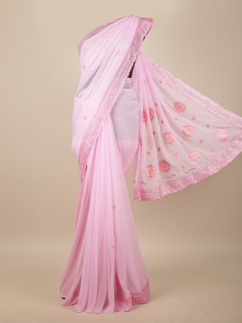 

Pothys Pink & Silver-Toned Floral Beads and Stones Saree