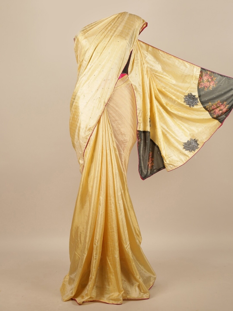 

Pothys Cream-Coloured & Maroon Embellished Beads and Stones Art Silk Saree