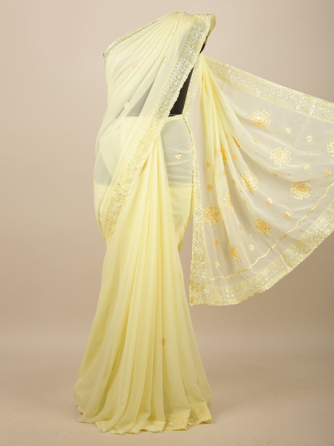 

Pothys Yellow & Silver-Toned Floral Saree