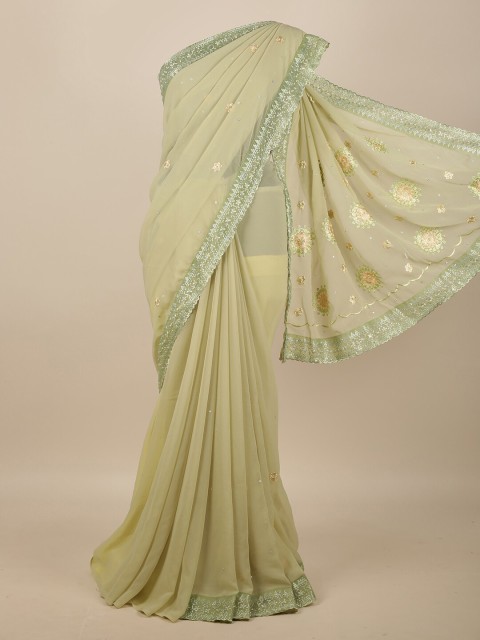 

Pothys Green & Silver-Toned Floral Beads and Stones Saree