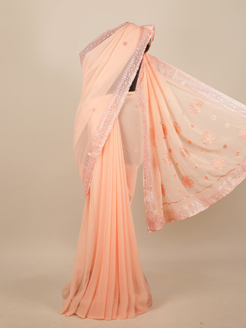 

Pothys Peach-Coloured & Silver-Toned Floral Saree