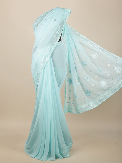 

Pothys Turquoise Blue & Silver-Toned Floral Saree