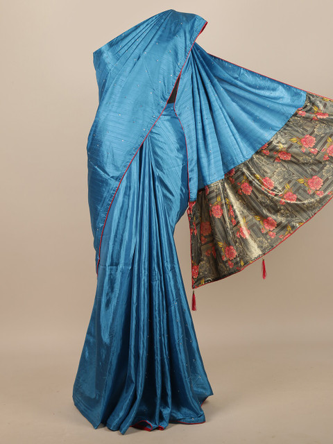 

Pothys Blue & Red Embellished Beads and Stones Art Silk Saree