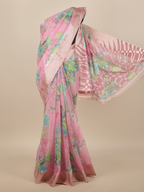 

Pothys Pink & Blue Floral Jute Silk Saree