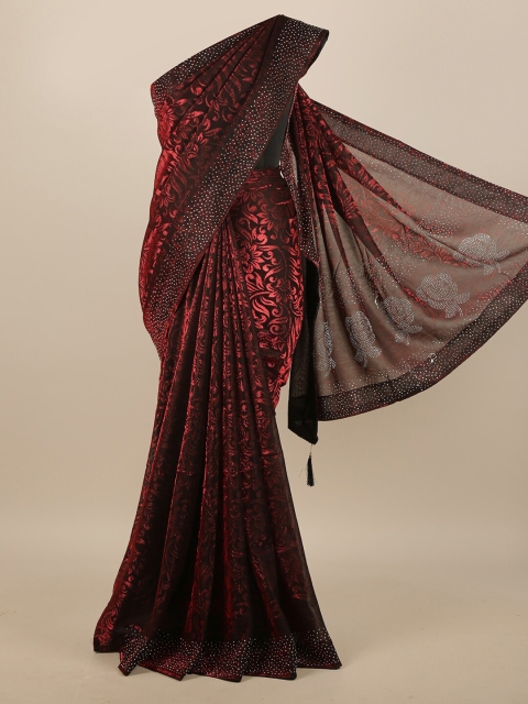 

Pothys Maroon & Black Floral Beads and Stones Jute Cotton Saree