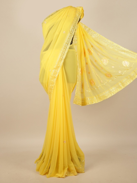 

Pothys Yellow & Silver-Toned Floral Saree