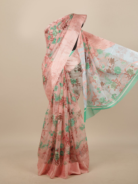

Pothys Peach-Coloured & Green Floral Jute Silk Saree