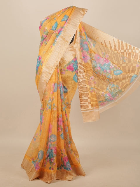 

Pothys Orange & Blue Floral Jute Silk Saree