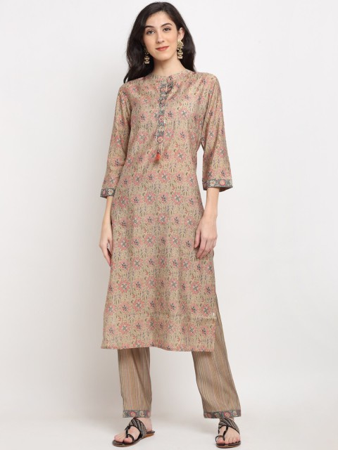 

Ardozaa Women Beige Floral Printed Regular Chanderi Cotton Kurta with Trousers