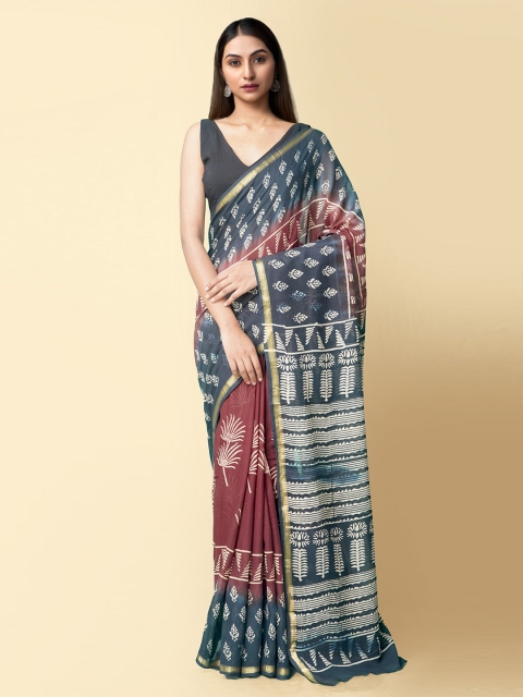 

Unnati Silks Brown & Navy Blue Floral Zari Pure Cotton Dabu Saree