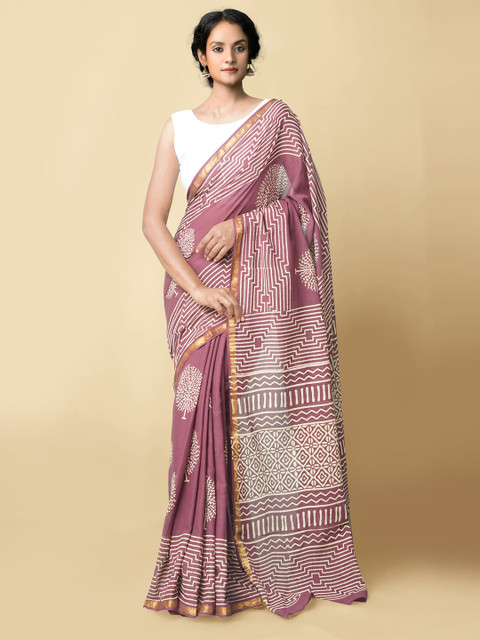 

Unnati Silks Burgundy & White Ethnic Motifs Zari Pure Cotton Dabu Saree