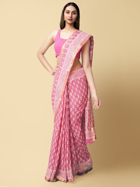 

Unnati Silks Pink & White Ethnic Motifs Zari Pure Cotton Dabu Saree