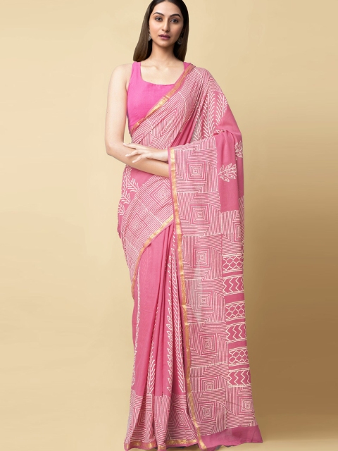 

Unnati Silks Pink & White Zari Pure Cotton Dabu Saree