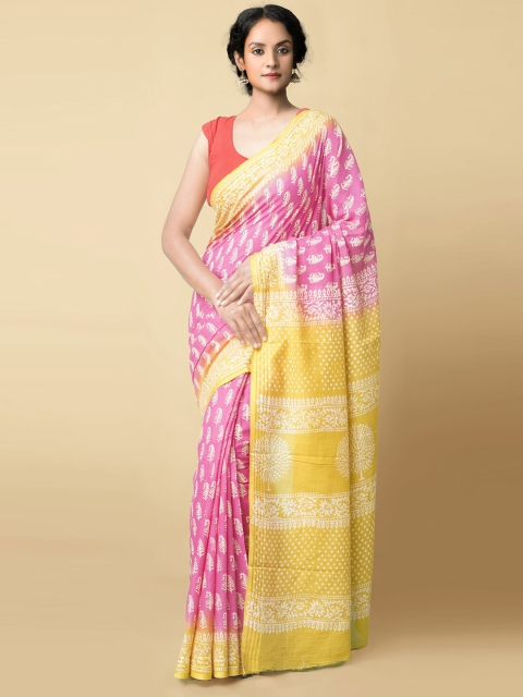 

Unnati Silks Pink & Yellow Ethnic Motifs Zari Pure Cotton Kota Saree