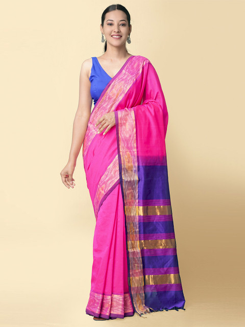 

Unnati Silks Women Pink & Blue Pure Handloom Ikat Uppada Silk Cotton Sustainable Saree