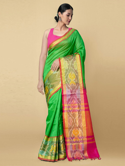 

Unnati Silks Green & Yellow Woven Design Silk Cotton Uppada Saree