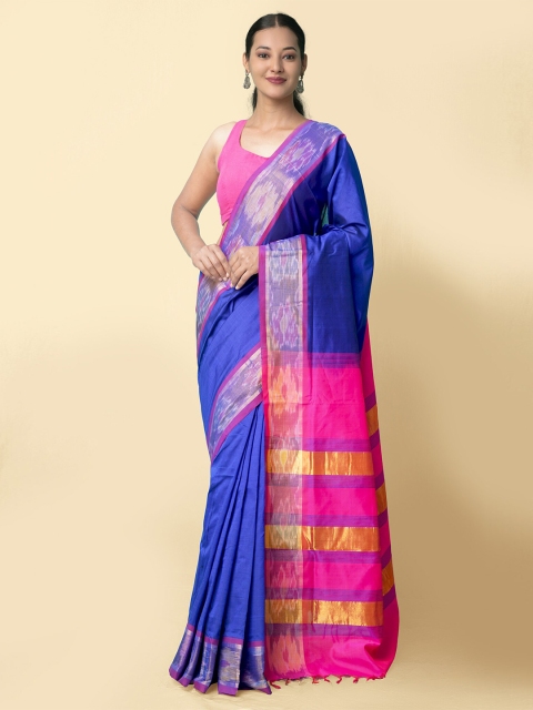 

Unnati Silks Blue & Fuchsia Woven Design Silk Cotton Uppada Saree