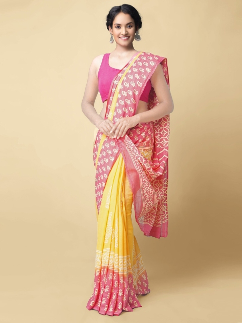 

Unnati Silks Yellow & Pink Floral Pure Cotton Kota Saree