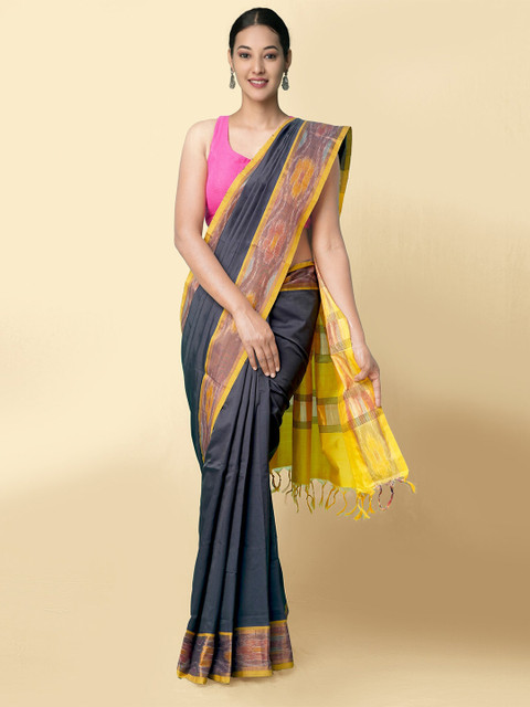 

Unnati Silks Women Black & Yellow Pure Handloom Ikat Uppada Silk Cotton Sustainable Saree