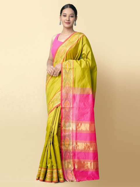 

Unnati Silks Green & Pink Zari Silk Cotton Uppada Saree