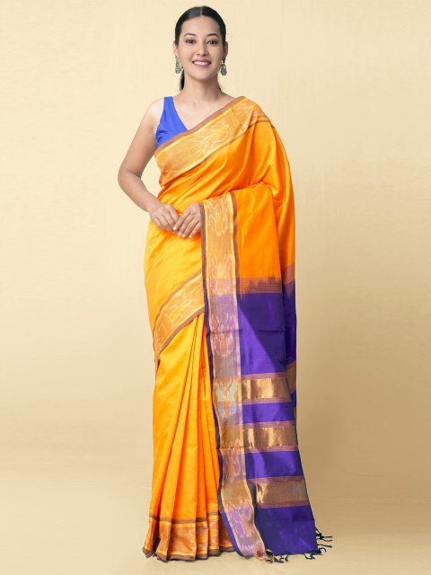 

Unnati Silks Women Orange & Blue Pure Handloom Ikat Uppada Silk Cotton Saree