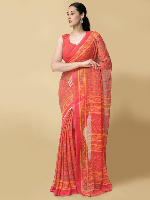 

Unnati Silks Red & Yellow Paisley Sustainable Bhagalpuri Saree