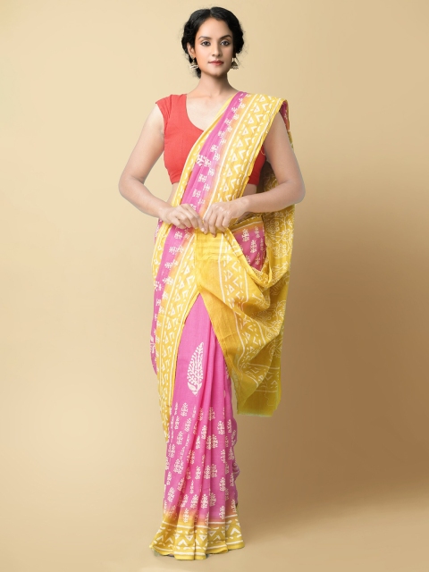 

Unnati Silks Women Pink & Yellow Pure Preet Block Printed Kota Cotton Saree