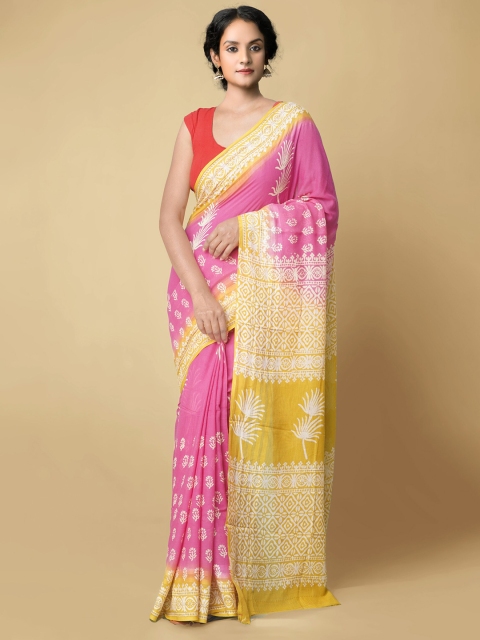 

Unnati Silks Pink & Yellow Ethnic Motifs Zari Pure Cotton Sustainbale Kota Saree