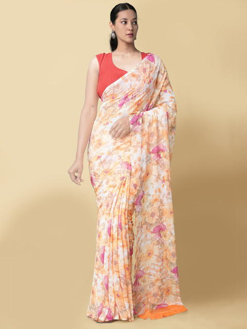 

Unnati Silks Cream-Coloured & Pink Floral Sustainable Bhagalpuri Saree