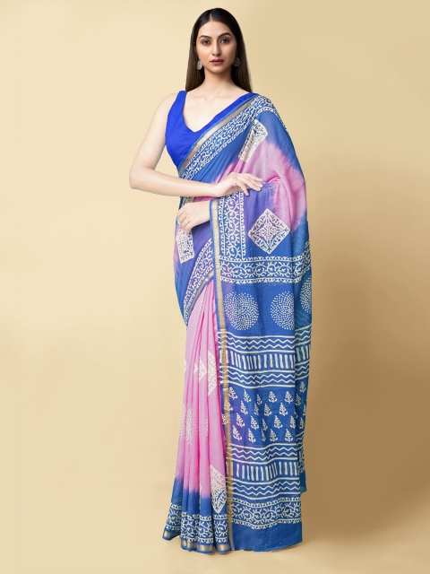 

Unnati Silks Pink & Blue Zari Pure Cotton Sustainable Dabu Saree