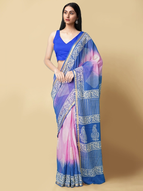 

Unnati Silks Pink & Blue Ethnic Motifs Zari Pure Cotton Sustainable Dabu Saree