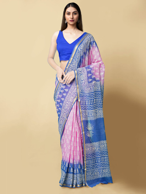 

Unnati Silks Pink & Blue Floral Zari Pure Cotton Sustainable Dabu Saree