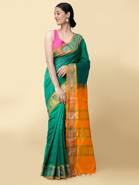 

Unnati Silks Women Green & Orange Pure Handloom Ikat Uppada Silk Cotton Saree