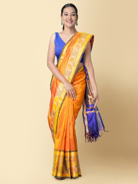 

Unnati Silks Women Orange & Gold-Toned Pure Handloom Ikat Uppada Silk Cotton Saree