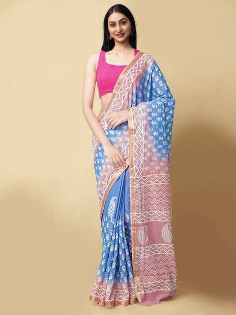

Unnati Silks Blue & White Dabu Zari Pure Cotton Sustainable Dabu Saree