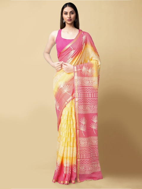 

Unnati Silks Yellow & Pink Floral Zari Pure Cotton Sustainable Dabu Saree