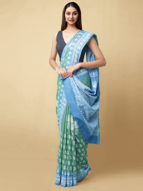 

Unnati Silks Green & Blue Ethnic Motifs Zari Pure Cotton Sustainable Kota Saree