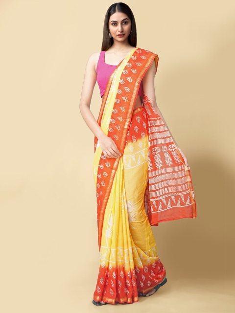 

Unnati Silks Yellow & Red Ethnic Motifs Zari Pure Cotton Sustainable Dabu Saree