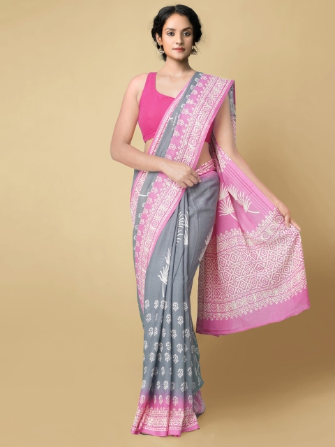 

Unnati Silks Grey & Pink Floral Pure Cotton Sustainable Kota Saree