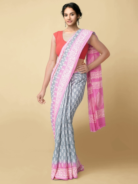 

Unnati Silks Women Grey & Pink Pure Preet Block Printed Kota Cotton Saree
