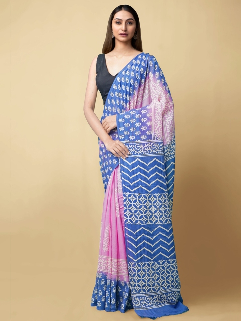 

Unnati Silks Pink & Blue Ethnic Motifs Pure Cotton Sustainable Kota Saree