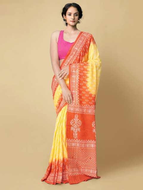 

Unnati Silks Yellow & Orange Floral Pure Cotton Sustainable Kota Saree