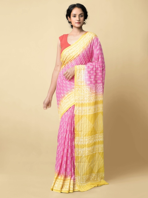 

Unnati Silks Pink & Yellow Ethnic Motifs Pure Cotton Sustainable Kota Saree