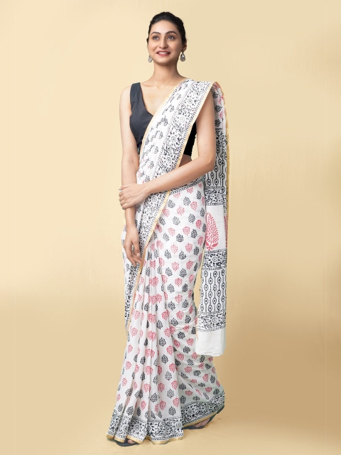 

Unnati Silks Women White & Pink Pure Preet Block Printed Mulmul Cotton Saree